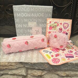 Chic Pink and White Cosmetic Bag with Glossy Finish